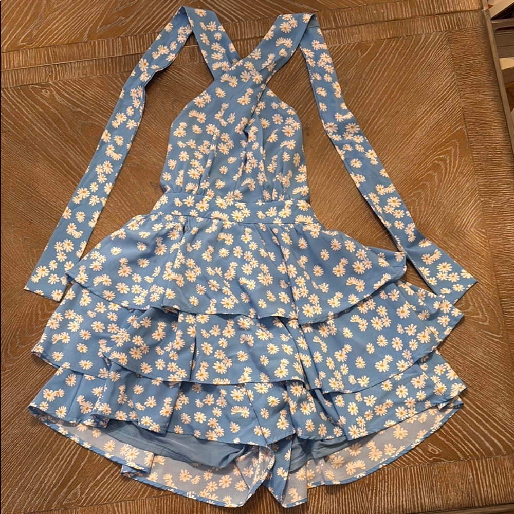 Blue Floral Ruffle Dress/Romper with Halter Top